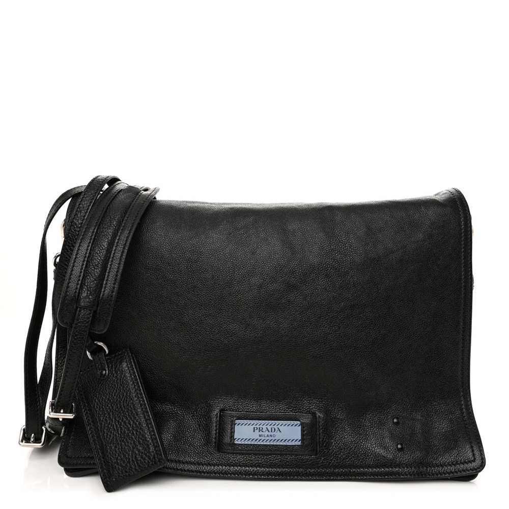 Prada black leather flap bag / glace calf, size M